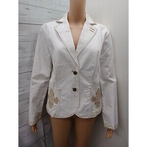 Deep 6 Womens Size S White Denim Biker Jean Jacket Embroidered Embellished